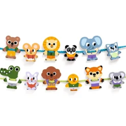 Djeco Ensartable de madera 12 piezas y 2 cordones Fila Friends