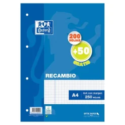 Oxford Recambio A4 cuadrícula 4x4mm 4 taladros 250 hojas con margen 90gr.