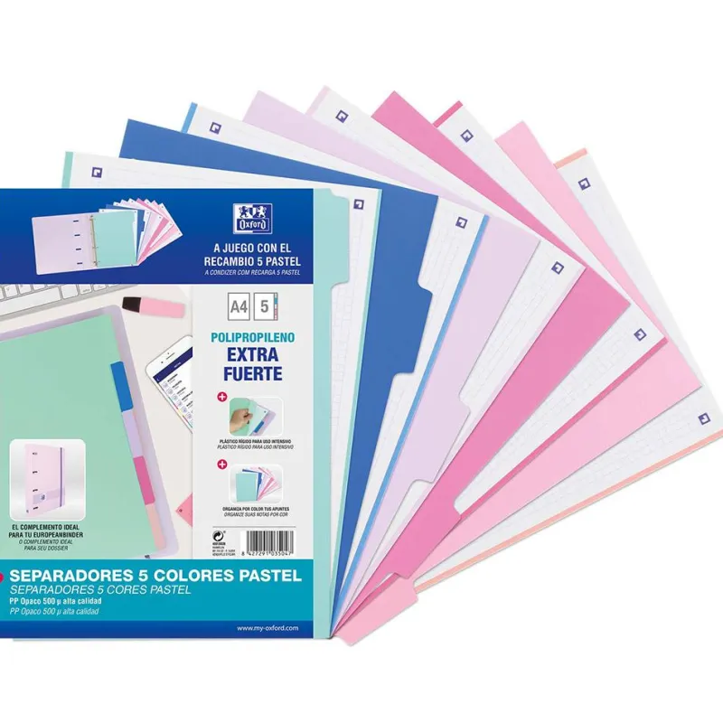 Oxford Separadores colores pastel tamaño A4 5 posiciones 4 taladros PP